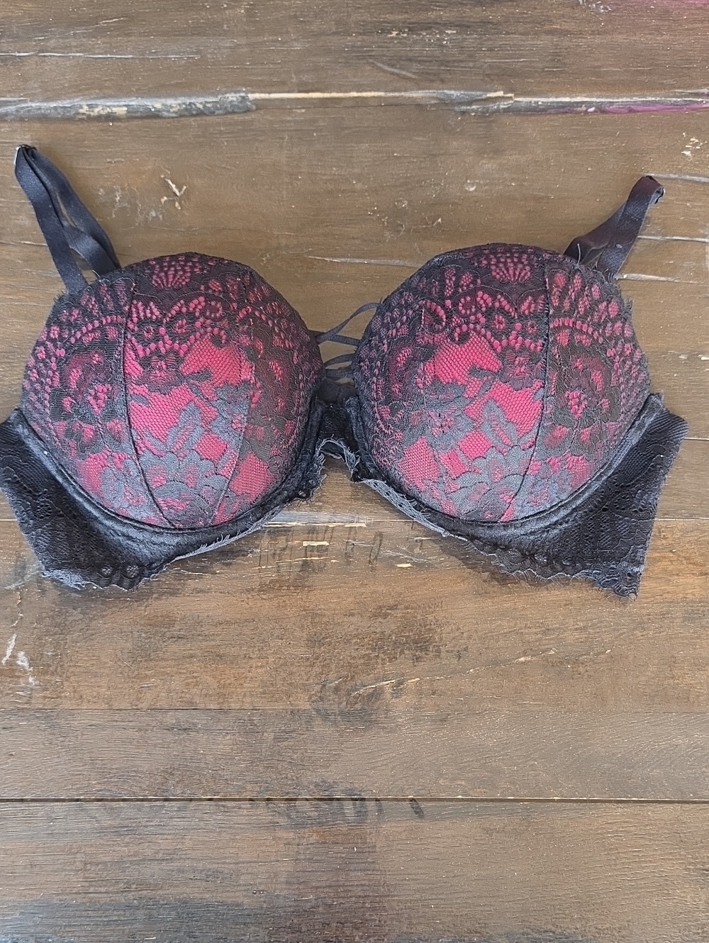(36C) La SENZA Black Lace Push-Up Bra Red Underlay Underwire Sensuous Floral Wow